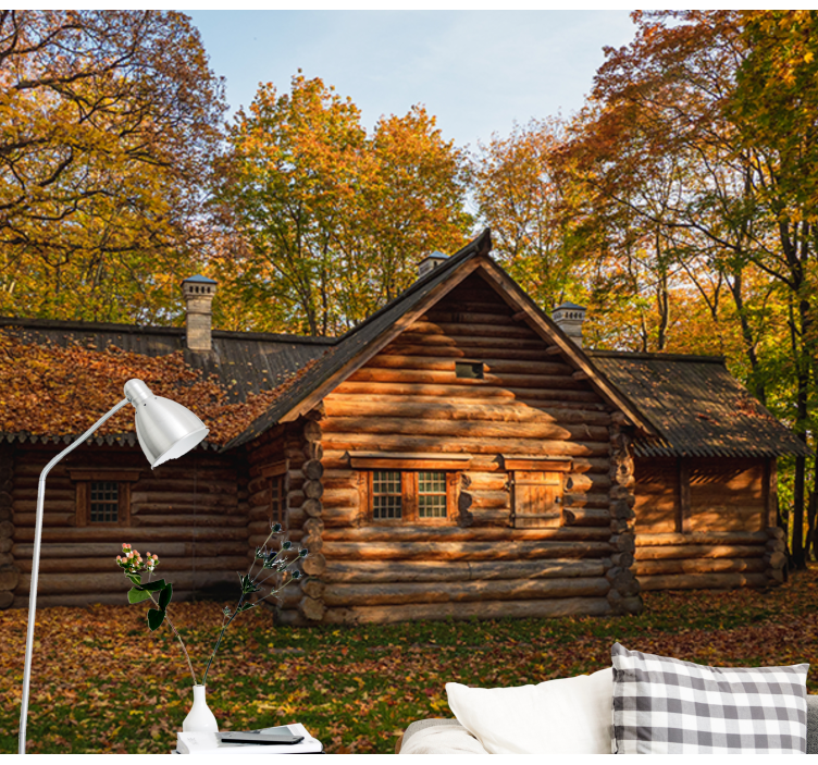 Autumn Log Cabin landscape wall mural - TenStickers