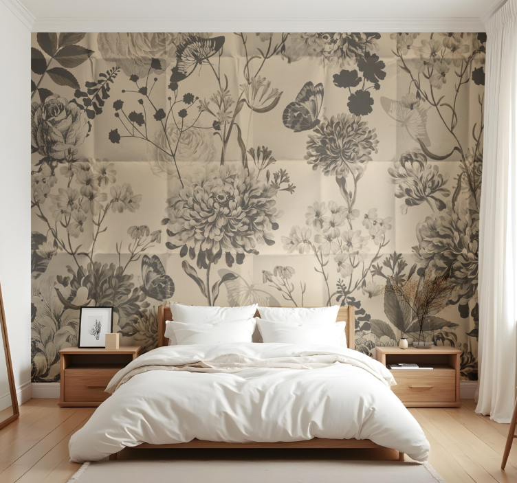 Beige floral design wall mural for master bedroom - TenStickers