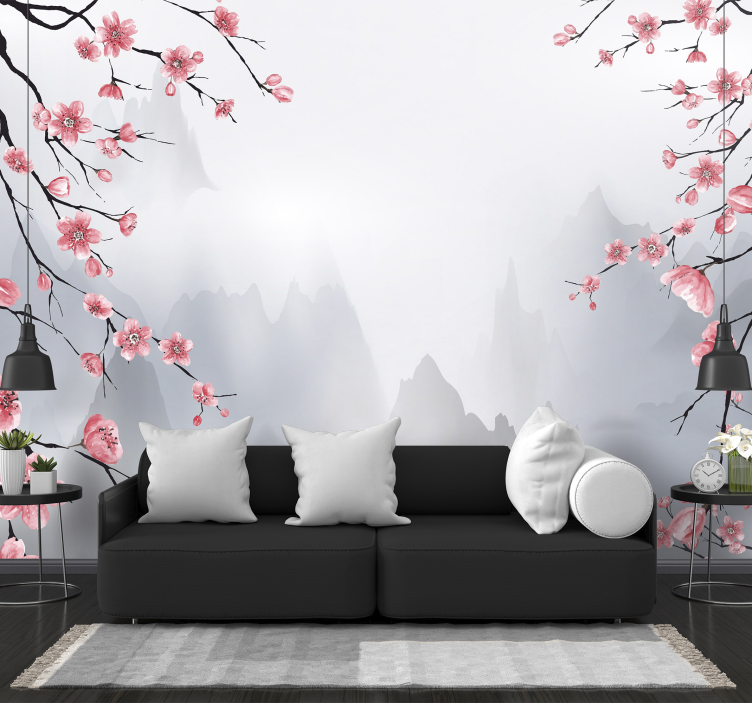 Cherry blossom and mountains wall mural - TenStickers