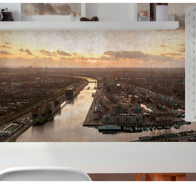 City wall mural sunset over urban skyline - TenStickers