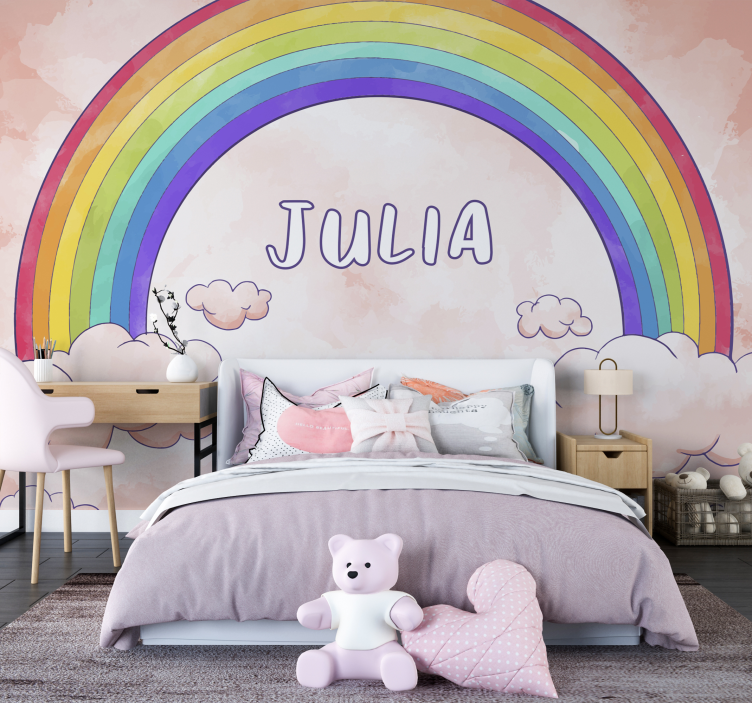 Clouds And Rainbow With Name Kids Wall Mural - TenStickers