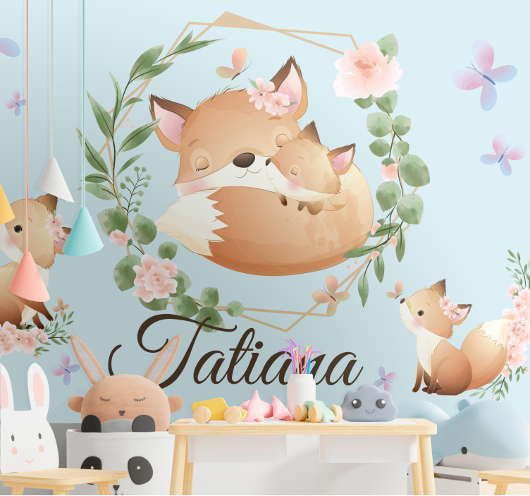 Cute Fox Family With Name childrens wall mural - TenStickers