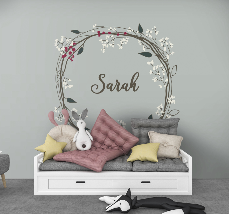 Floral name circle childrens wall mural - TenStickers
