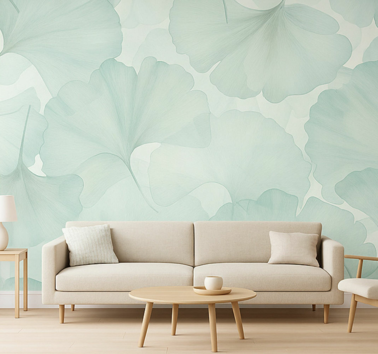 Green Ginko leaves living room wall mural - TenStickers