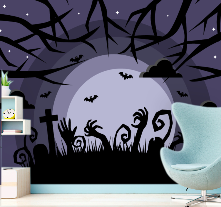 Halloween wall mural haunting graveyard scene - TenStickers