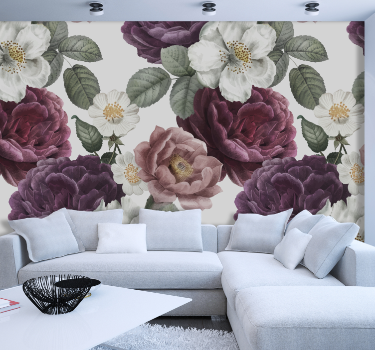 pink Rose and peony on black wall mural - TenStickers