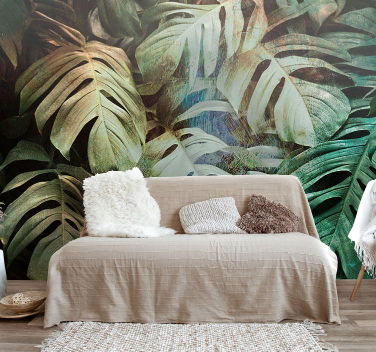 Tropical green leaves living room wall mural - TenStickers