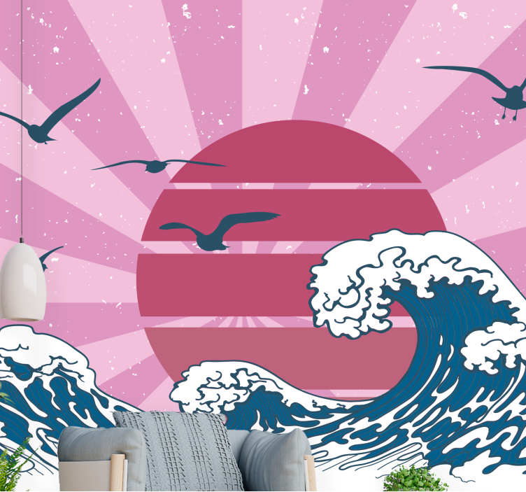 Waves and sunset landscape wall mural - TenStickers