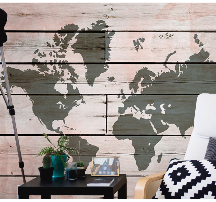 Wooden plank coloured world map mural - TenStickers