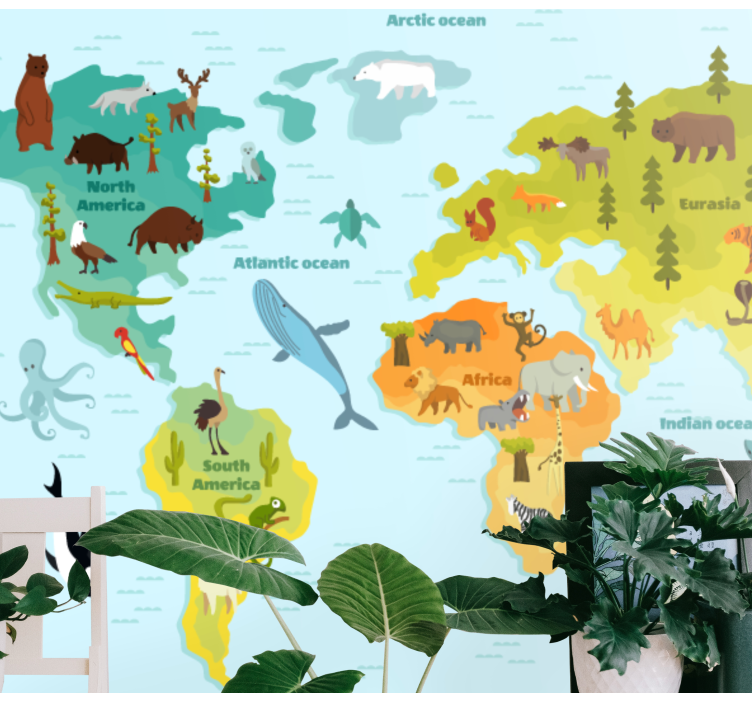 World map wall mural animal global exploration - TenStickers