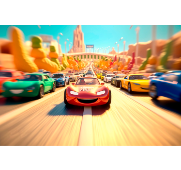 Cartoon car race design children's room wall mural - TenStickers