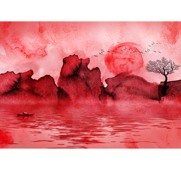Red Ink Chinese Water Landscape Wall Mural - TenStickers