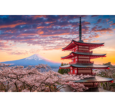 Fuji Mountain and japanese buidlings mural - TenStickers