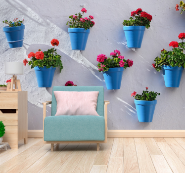 Blue flowerpots mural wallpaper - TenStickers