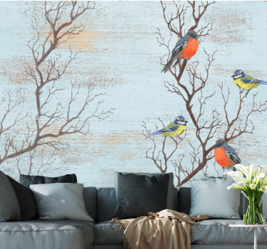 Blue trees with birds vintage mural - TenStickers