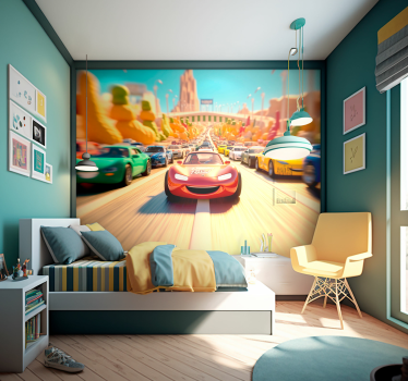 Cartoon car race design children's room wall mural - TenStickers
