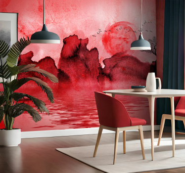 Red Ink Chinese Water Landscape Wall Mural - TenStickers