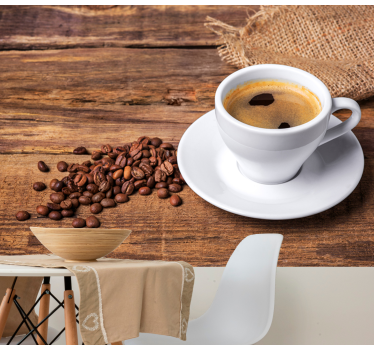 Coffee on a wooden table mural wallpaper - TenStickers