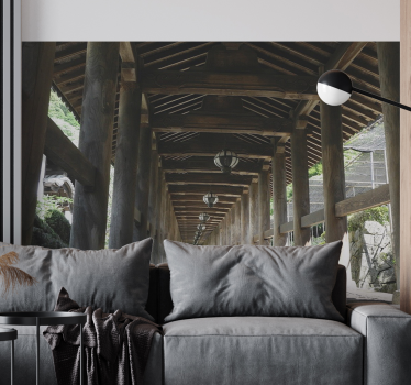 Corridor with wooden pillars 3d mural wallpaper - TenStickers