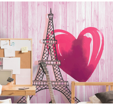 Eiffel tower with pink heart love wall mural - TenStickers