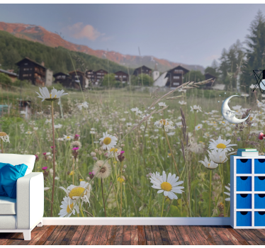 Field of daisies and village tulip mural - TenStickers