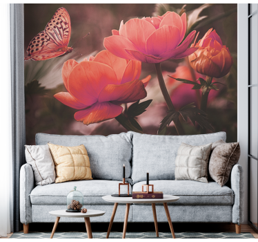 Pink butterflies on roses nature murals - TenStickers