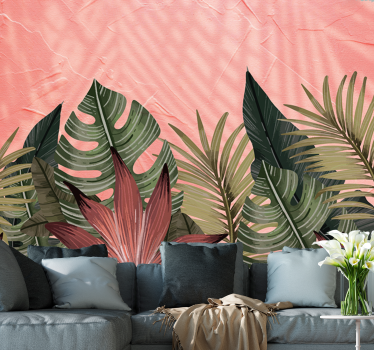 Tropical plants on pink background nature murals - TenStickers