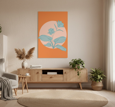 Living room poster blue flowers on orange shapes - TenStickers