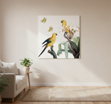 Living room poster parrots with yellow flowers butterflies - TenStickers