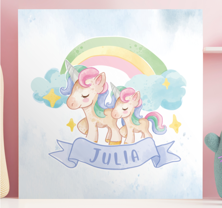 Happy unicorns over rainbow personalised canvas - TenStickers