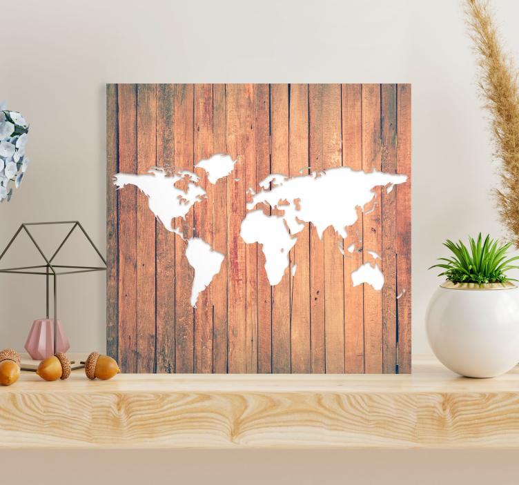 White worldmap on wood tables wall art - TenStickers
