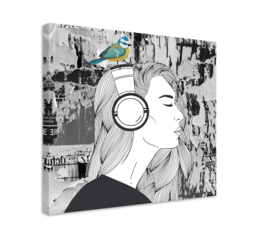 Woman with headphones and bird canvas art - TenStickers