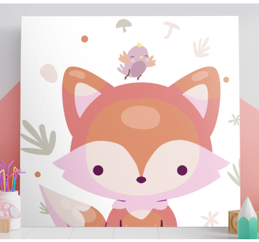 Cute baby fox cartoon pink bird wall pictures for nursery - TenStickers