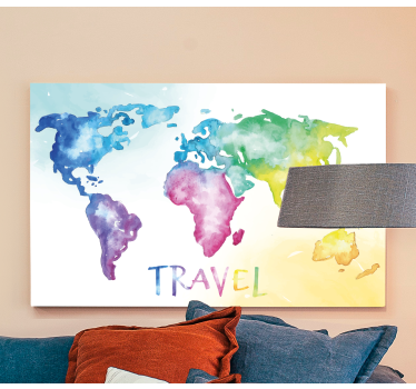 Watercolour travel world map art canvas - TenStickers
