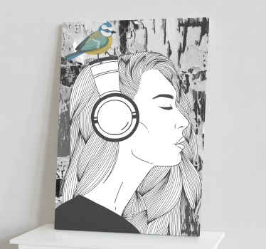 Woman with headphones and bird canvas art - TenStickers