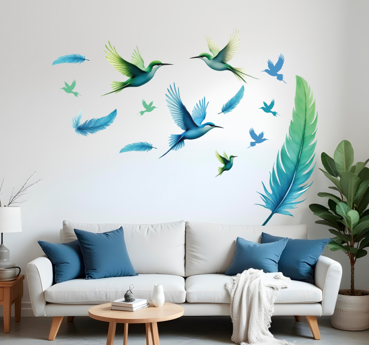 Blue feathers with birds Living room wall sticker - TenStickers