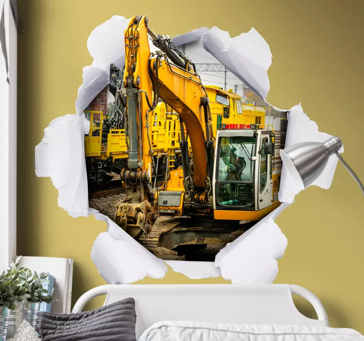 Broken wall with orange excavator 3D Sticker - TenStickers