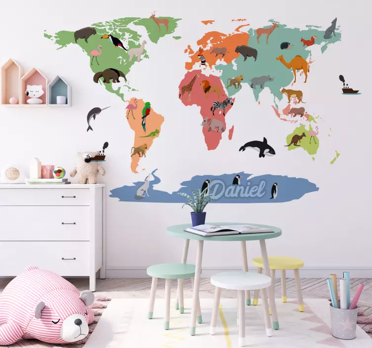 Colorful worldmap with animals educational wall sticker - TenStickers