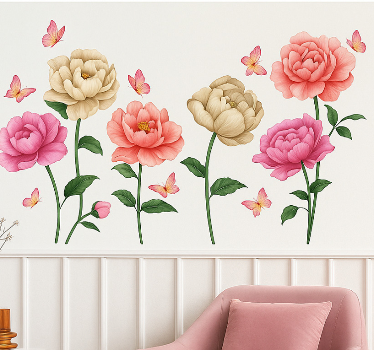 Colourful flowers and butterflies wall decal for living room - TenStickers