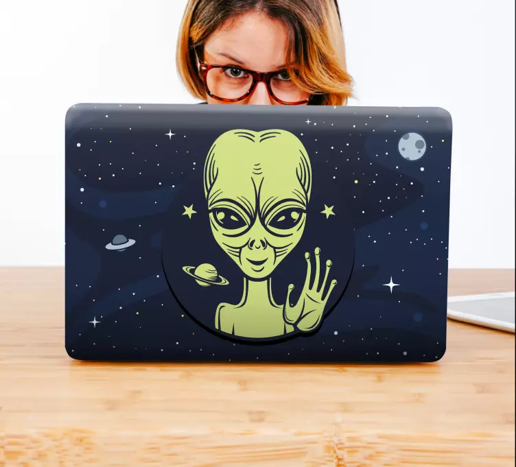 Cute baby alien peeking laptop skins - TenStickers