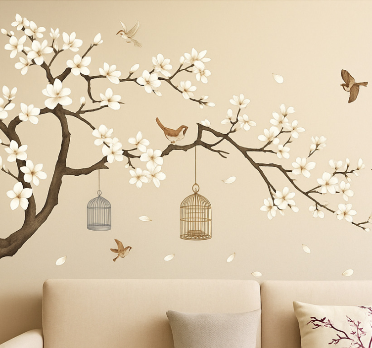 Floral Tree with birds wall decal for living room - TenStickers