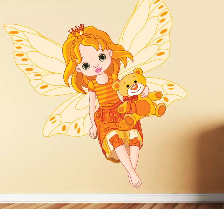 Orange color teddy flying with fairy wall sticker - TenStickers