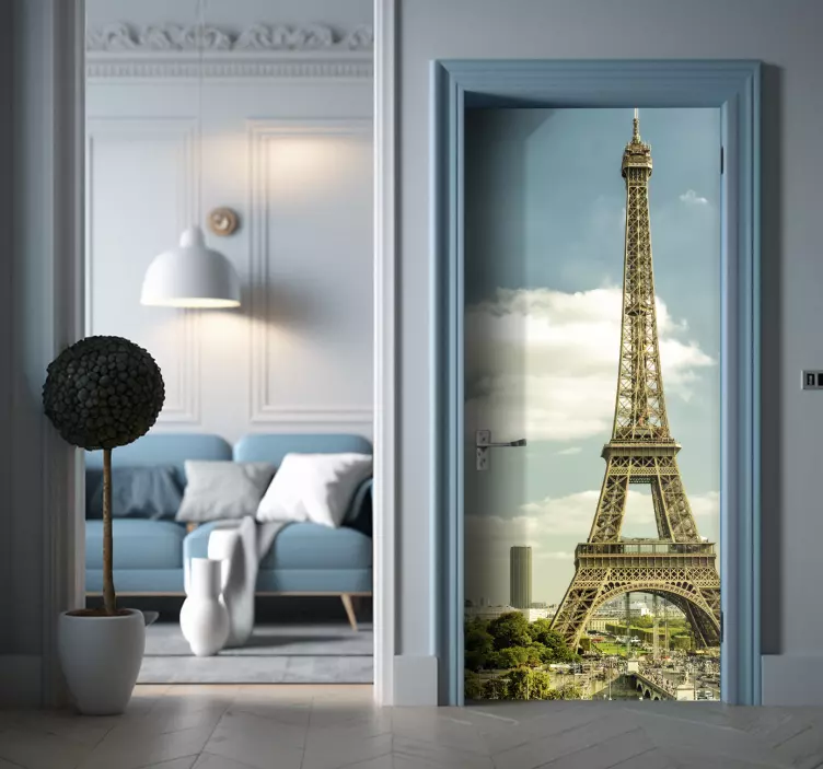 Paris Eiffel tower cityscape door sticker - TenStickers