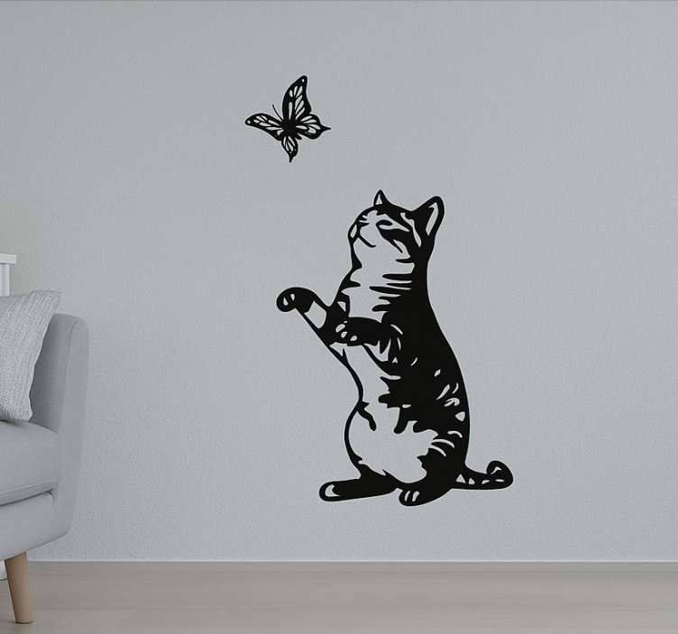 Playful cat with butterfly wall decal for living room - TenStickers