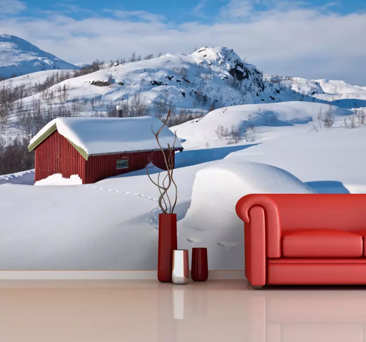 Snowy Red Cabin nature wall sticker - TenStickers