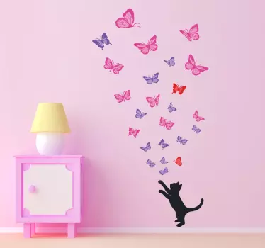 Cat chasing set of colorful butterfly wall sticker - TenStickers