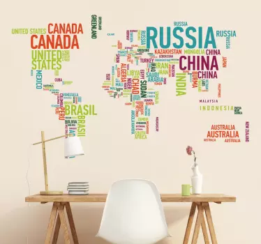 Coloured countries world map wall sticker - TenStickers