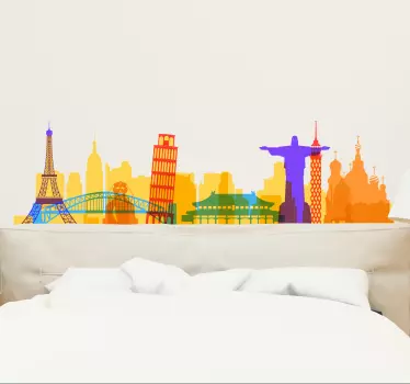 World in Watercolor city skyline silhouette wall sticker - TenStickers