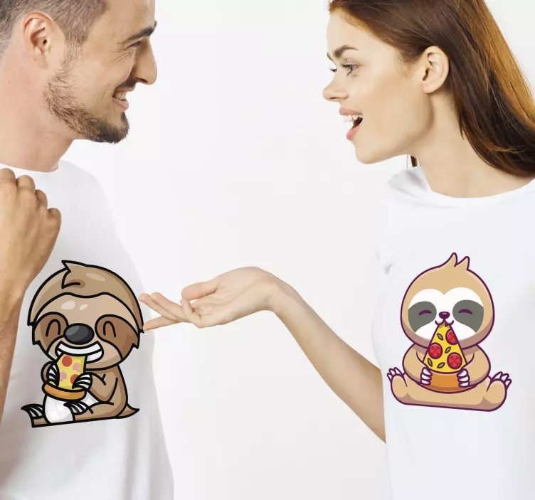 Sloths eating pizza together Couple t shirts - TenStickers