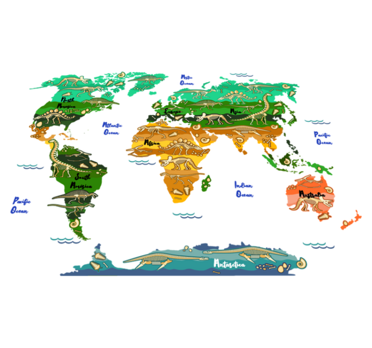 World map vinyl rug with english dinosaur names - TenStickers
